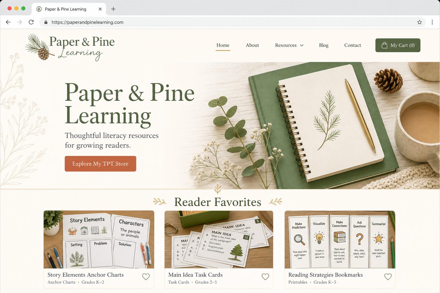 Paper and Pine Learning literacy teacher homepage example